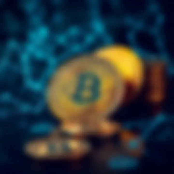 A conceptual representation of cryptocurrency with digital coins and blockchain technology.